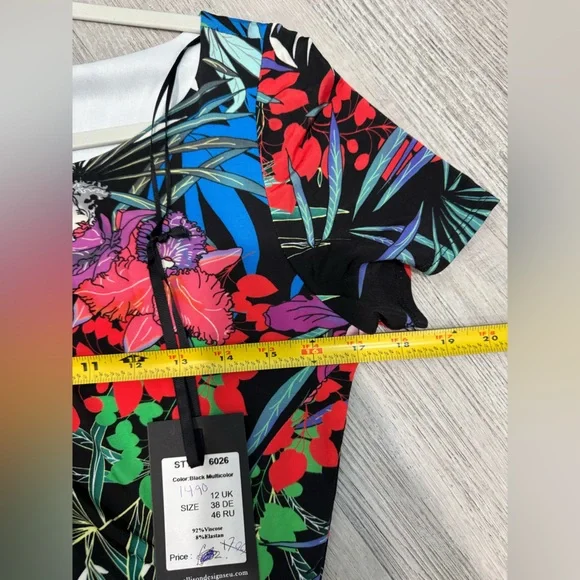 Allison Tropical Floral Leaf Print Ruched Sheath Dress Short SleeveWomen’s 38/12 - Picture 10 of 12